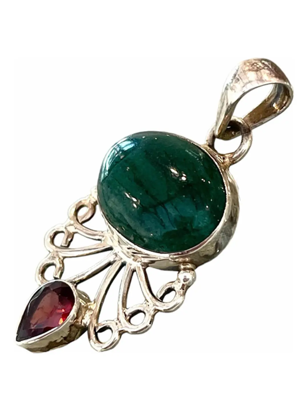 Colgante De Aventurina Verde Y Granate En Plata - Joyas Velardi