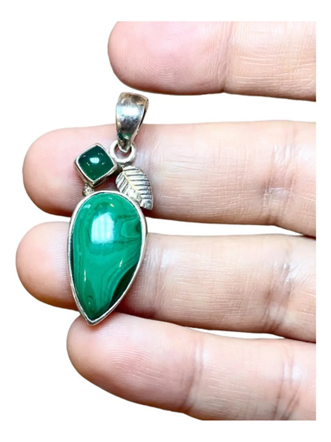 Colgante Malaquita Del Congo Y Onix Verde En Plata - Joyas Velardi