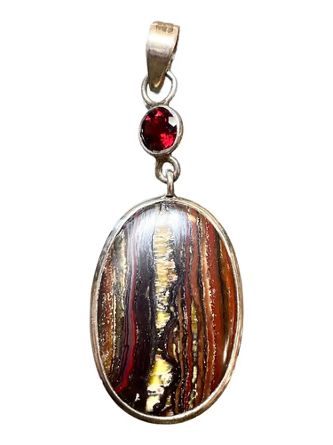 Colgante Ojo De Tigre Con Hierro Natural Y Granate En Plata - Joyas Velardi