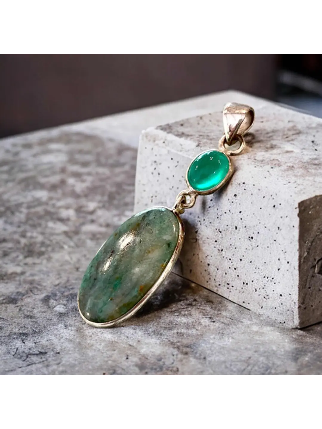 Colgante Jaspe Larsonita Y Ónix Verde En Plata - Joyas Velardi