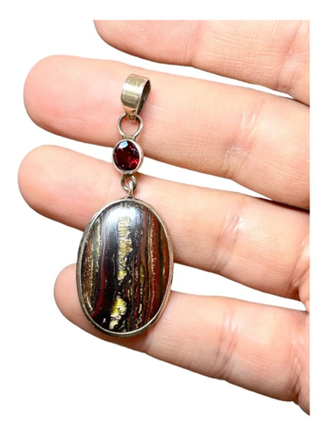 Colgante Ojo De Tigre Con Hierro Natural Y Granate En Plata - Joyas Velardi