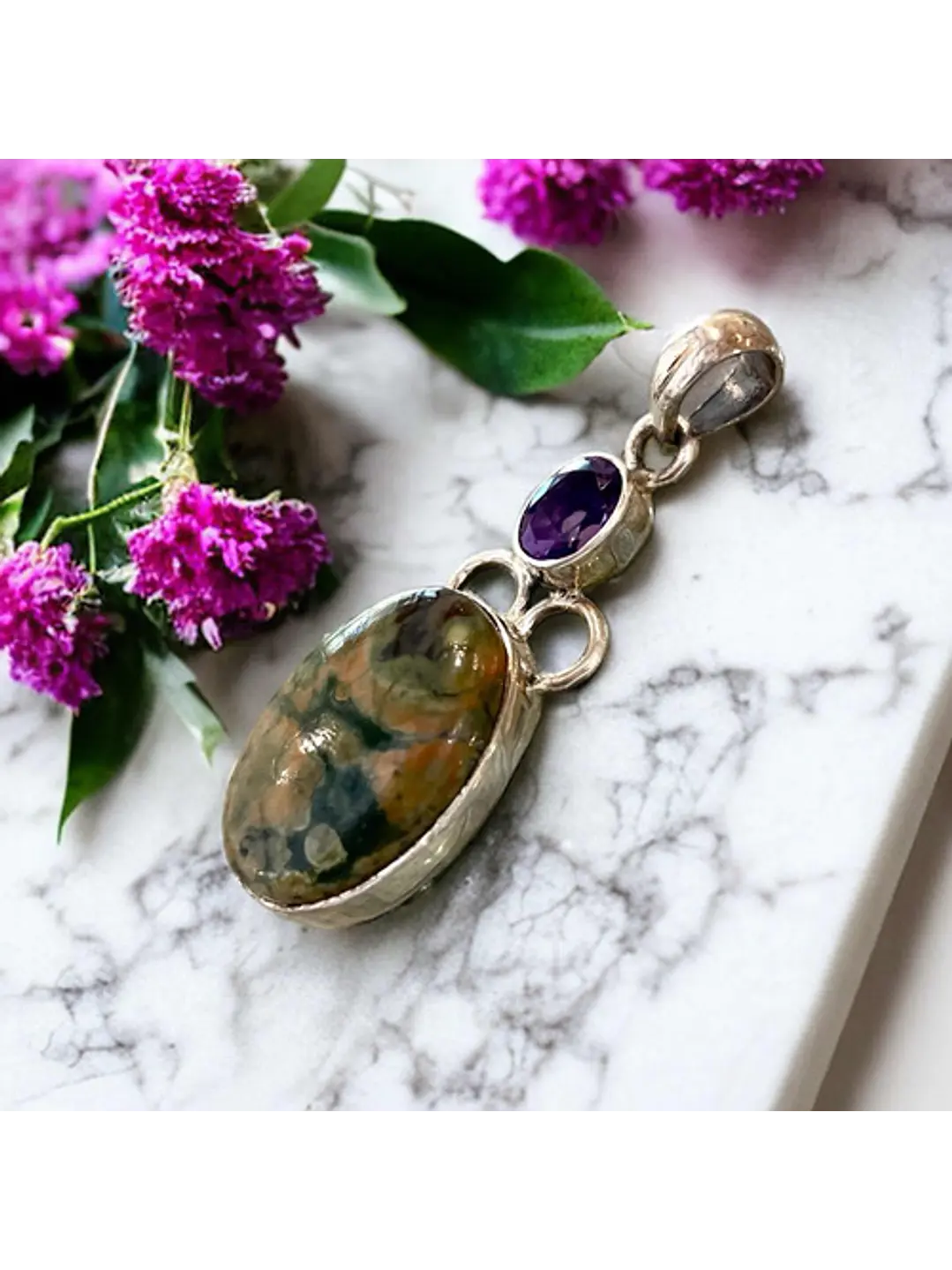 Colgante De Jaspe Oceanico Y Amatista De Madagascar - Joyas Velardi