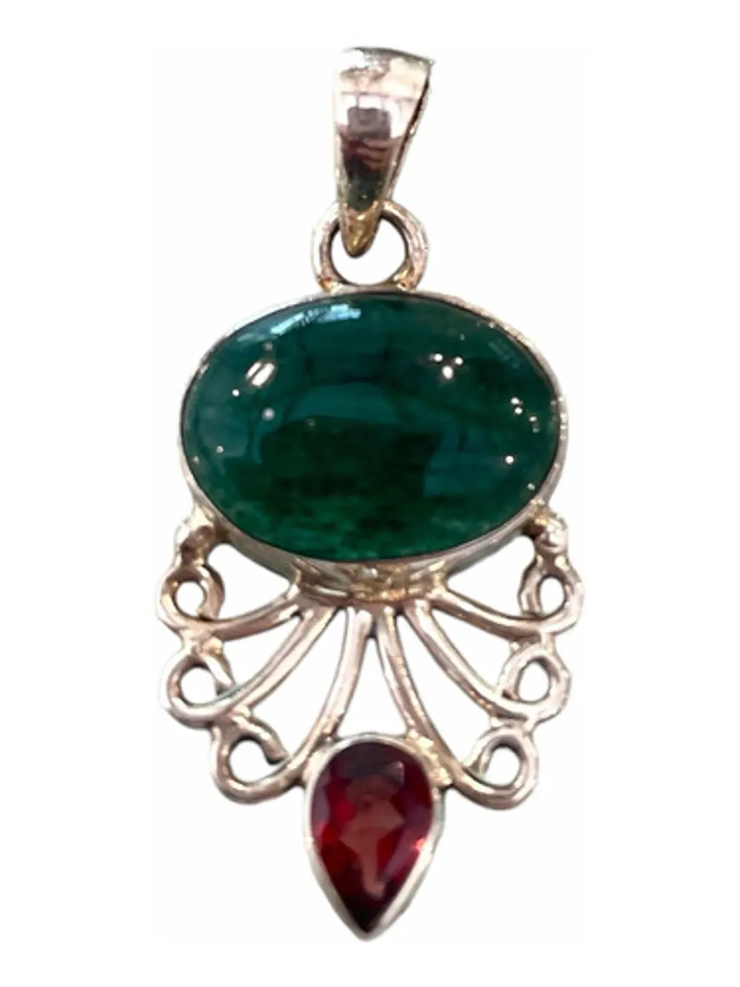 Colgante De Aventurina Verde Y Granate En Plata - Joyas Velardi