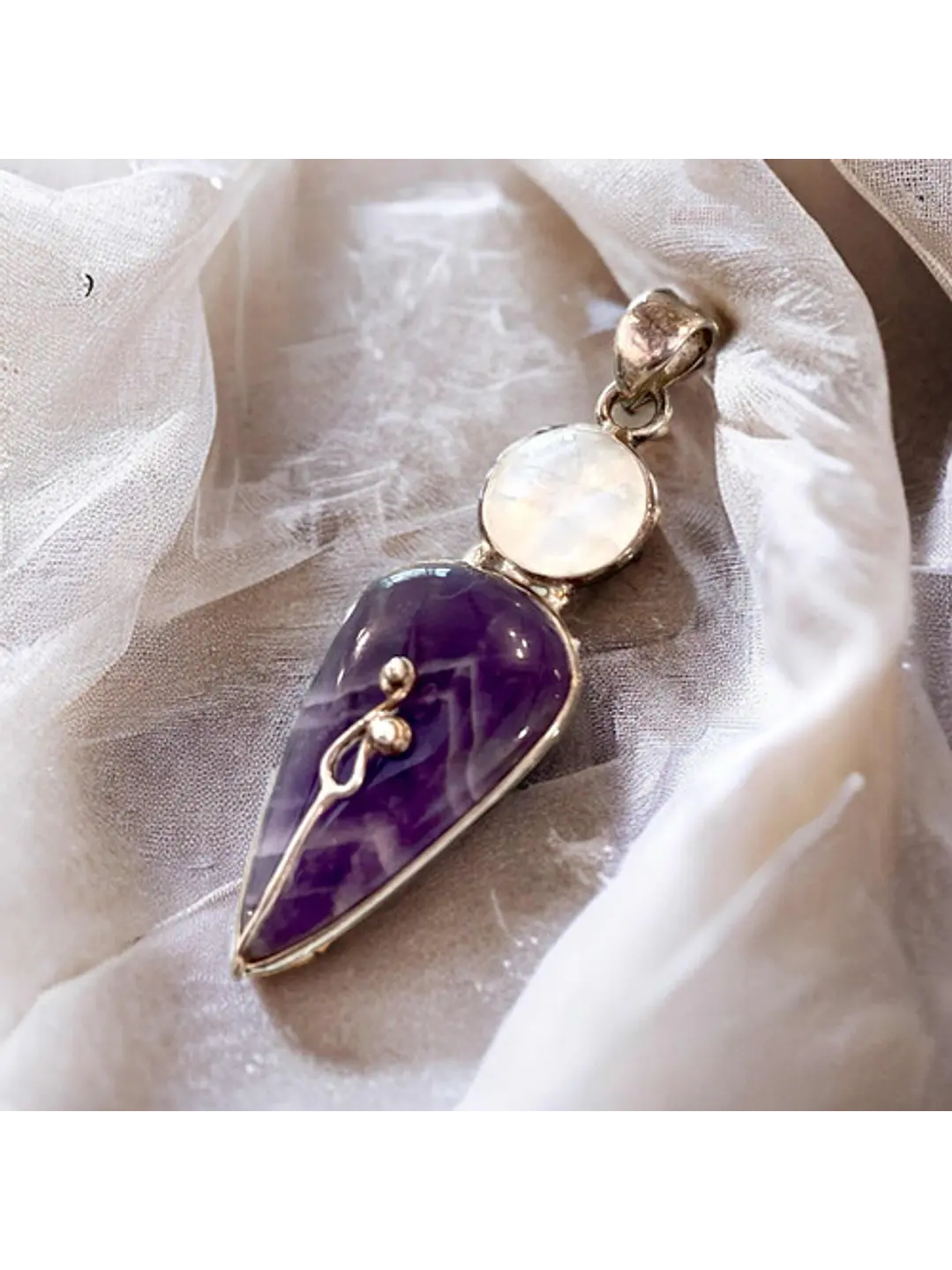 Colgante Amatista Chevron Y Piedra Luna Plata 925 - Joyas Velardi