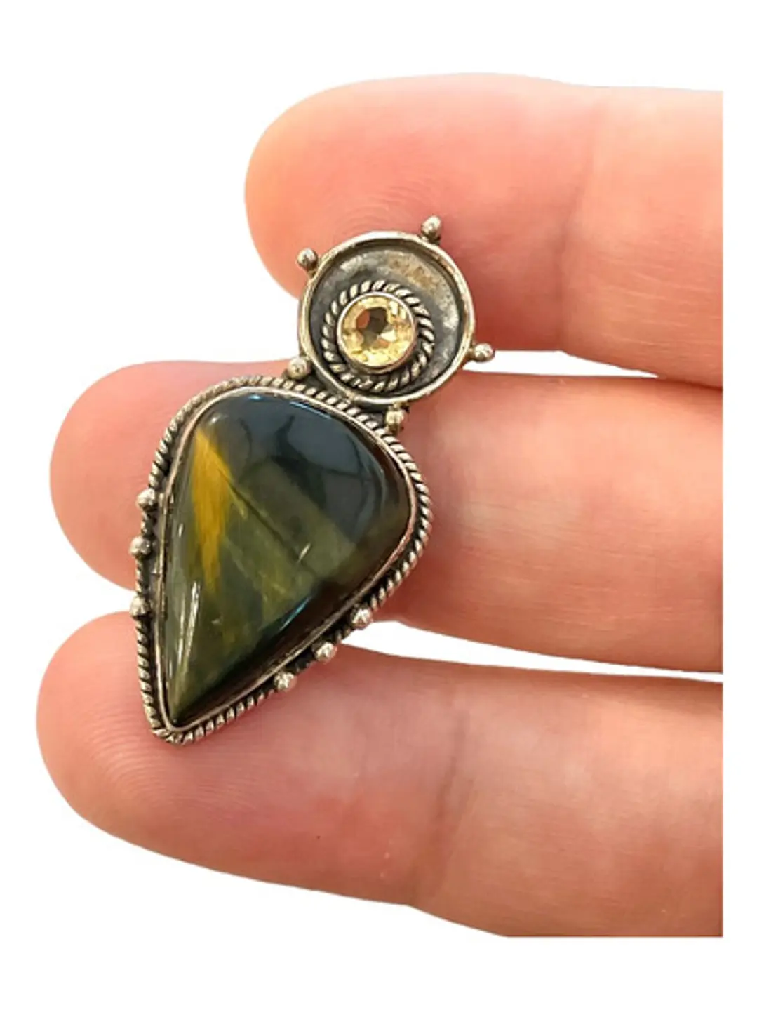 Colgante Ojo De Tigre Azulado Con Citrino Plata 925 - Joyas Velardi