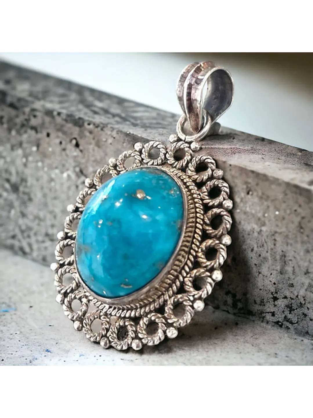 Colgante Turquesa Persa Con Pirita - Rara- Plata 925 - Joyas Velardi