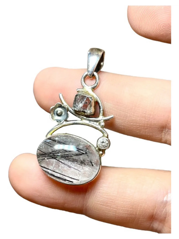 Colgante Turmalina Negra En Cuarzo Diamante Herkimer Circon - Joyas Velardi