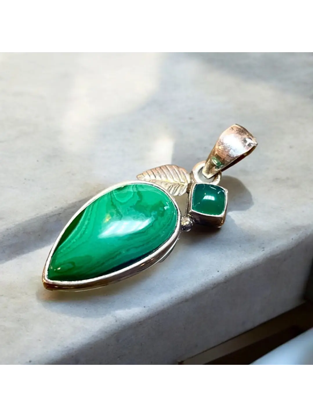 Colgante Malaquita Del Congo Y Onix Verde En Plata - Joyas Velardi