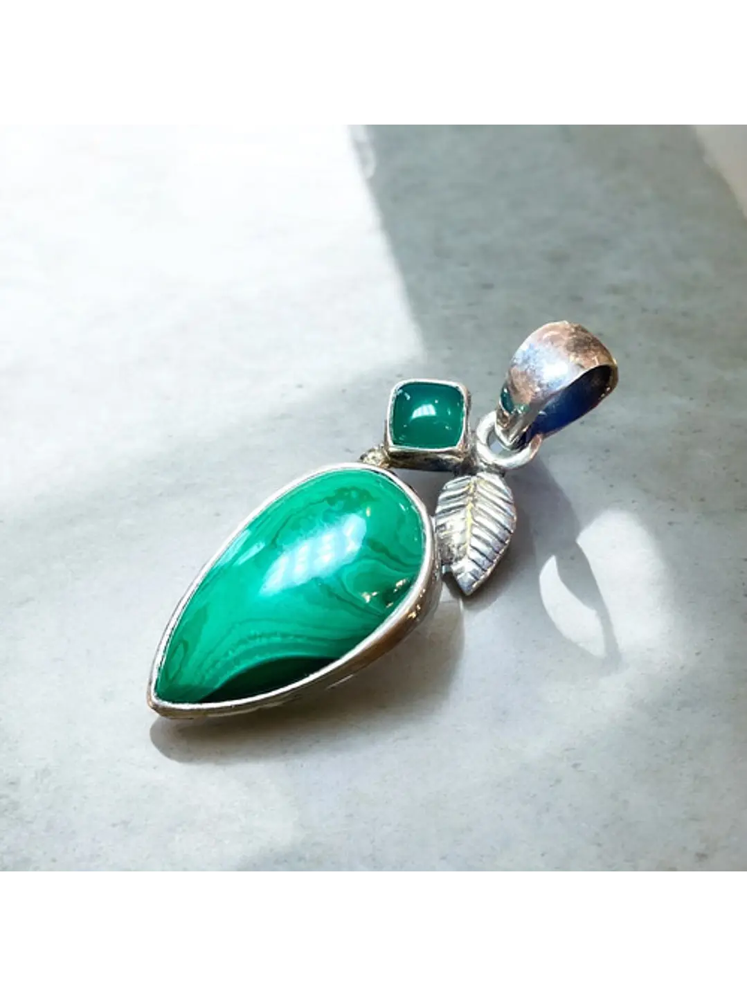 Colgante Malaquita Del Congo Y Onix Verde En Plata - Joyas Velardi