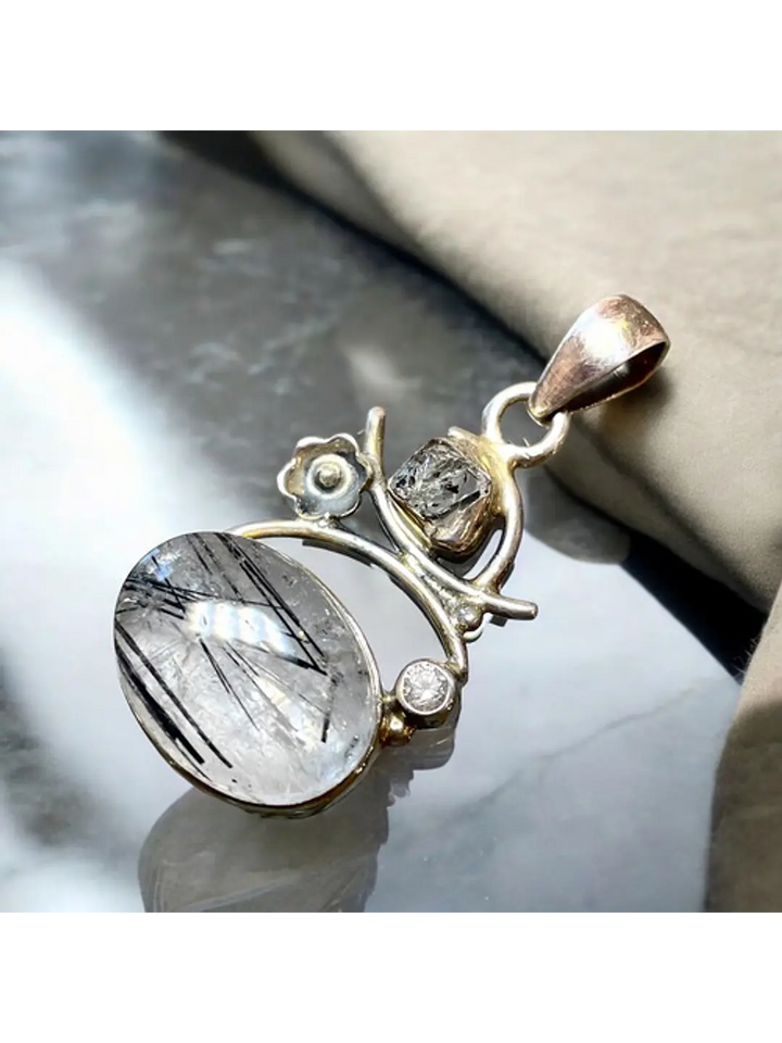Colgante Turmalina Negra En Cuarzo Diamante Herkimer Circon - Joyas Velardi