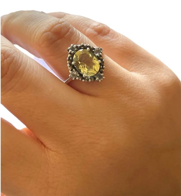 Anillo Cuarzo Limon con Aguamarinas Plata - Joyas Velardi