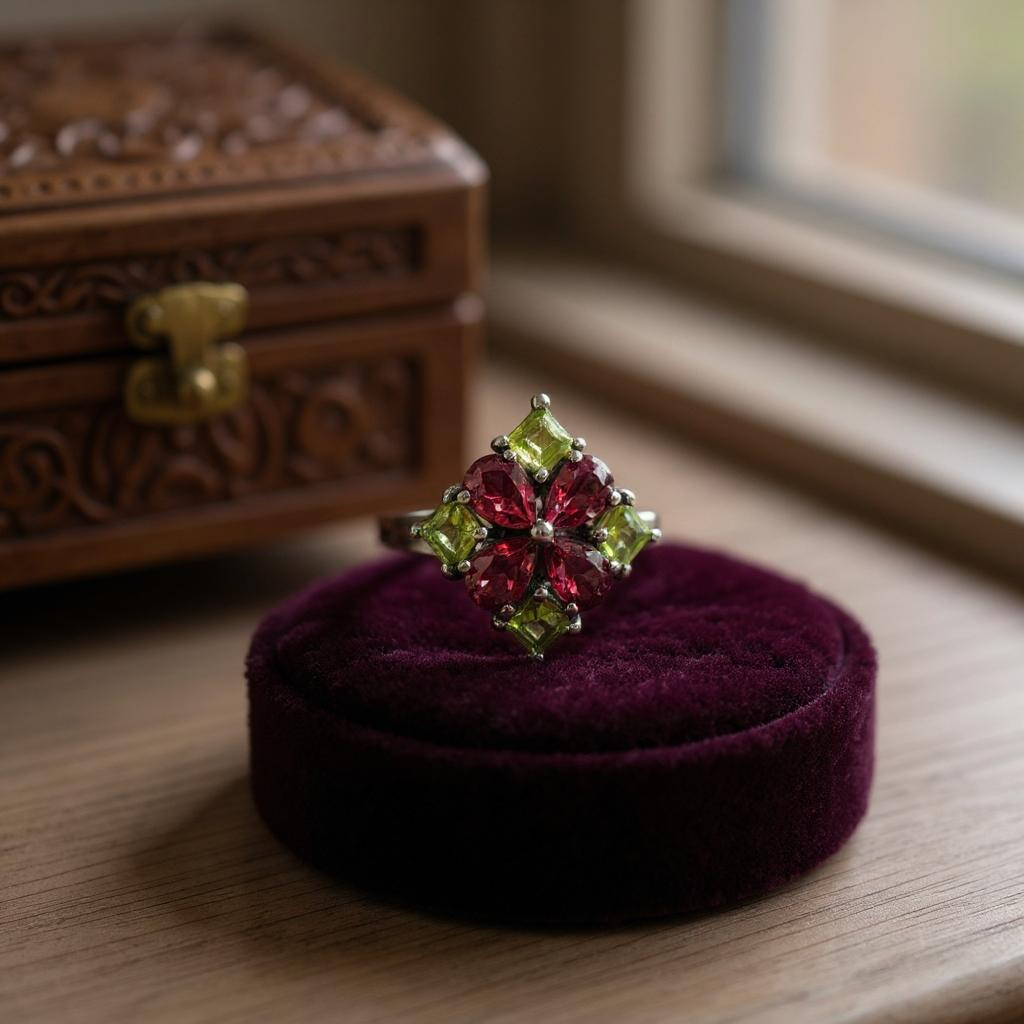 Anillo Octavia - Granate Hessonita y Peridotos Plata 925