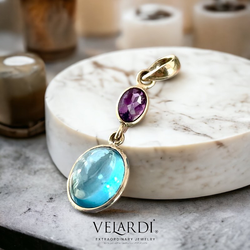 Colgante de Topacio Azul Suizo y Amatista de Africa Plata 925 - Joyas Velardi
