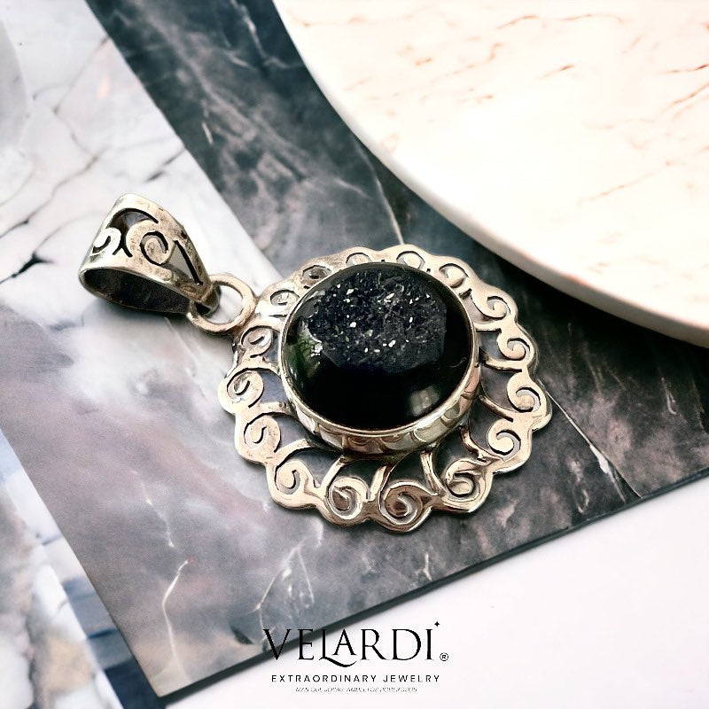 Colgante Drusa Negra Medallon Plata 925 - Joyas Velardi
