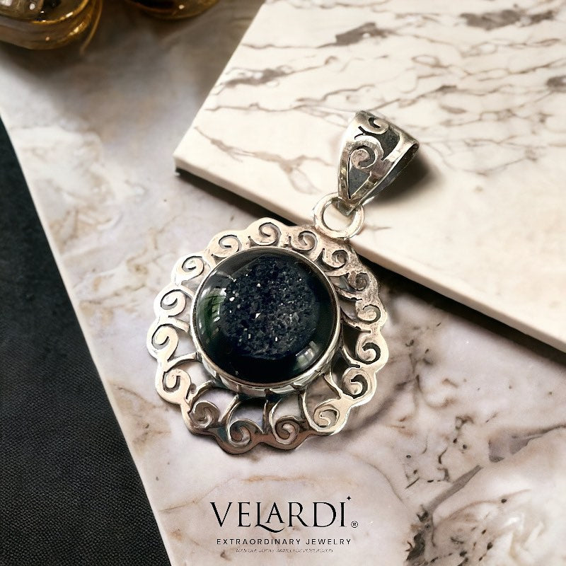 Colgante Drusa Negra Medallon Plata 925 - Joyas Velardi