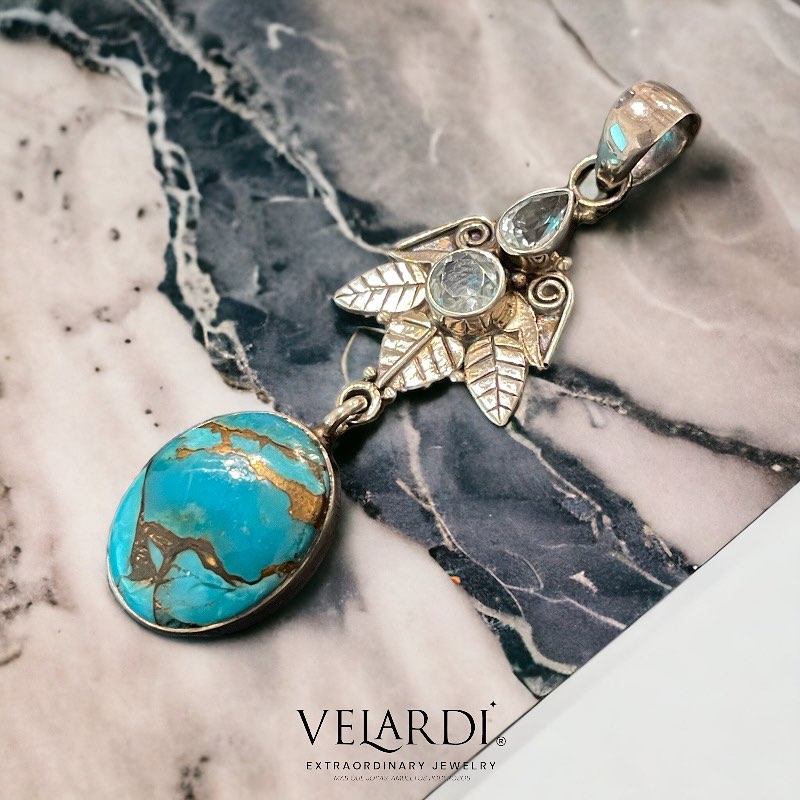 Colgante Turquesa Persa Premium y Topacio Azul Plata 925 - Joyas Velardi