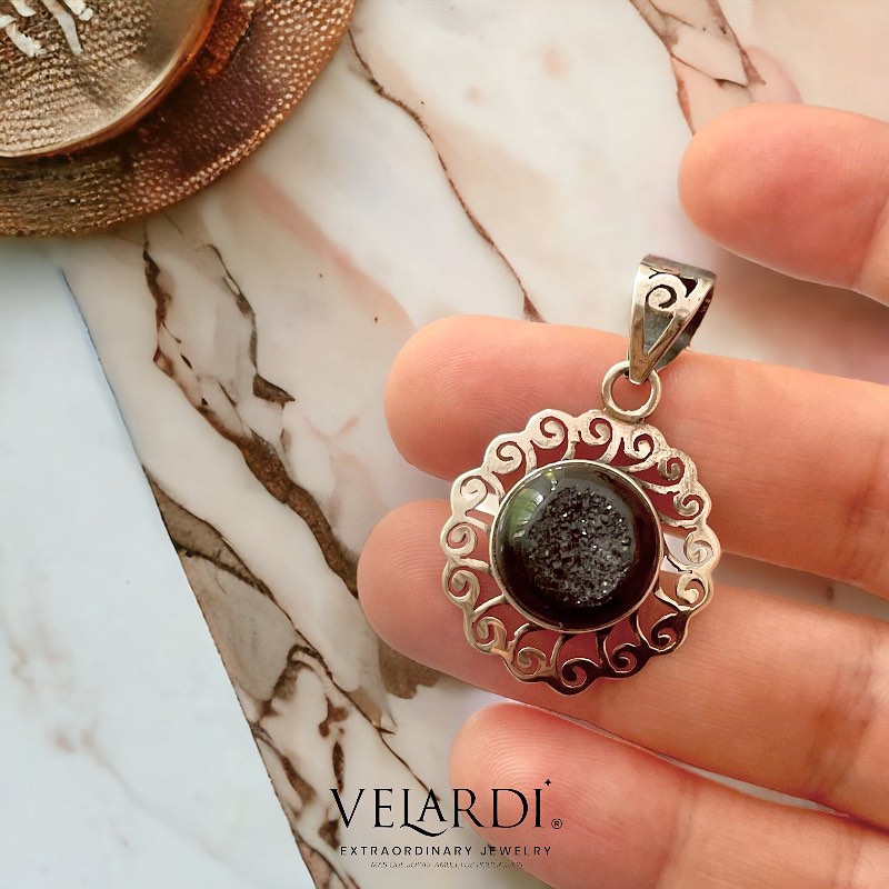 Colgante Drusa Negra Medallon Plata 925 - Joyas Velardi