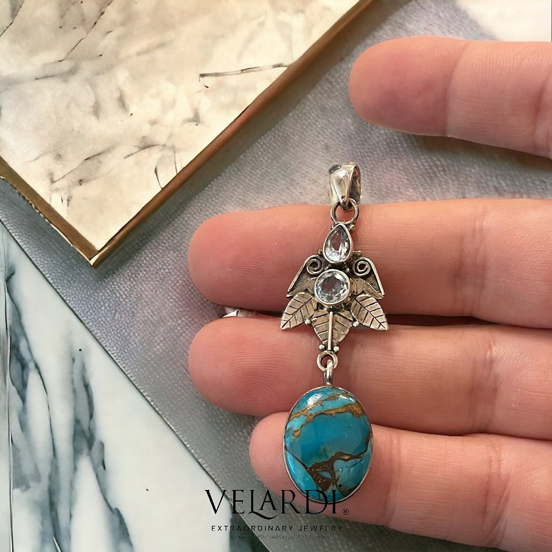 Colgante Turquesa Persa Premium y Topacio Azul Plata 925 - Joyas Velardi