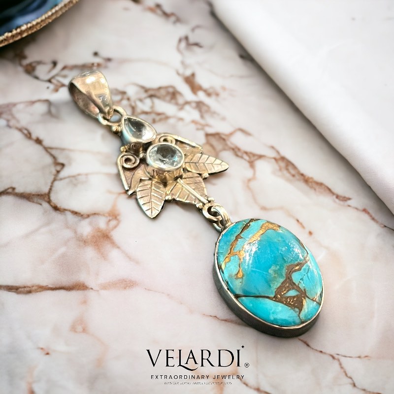 Colgante Turquesa Persa Premium y Topacio Azul Plata 925 - Joyas Velardi
