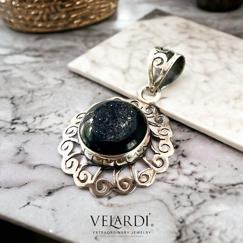 Colgante Drusa Negra Medallon Plata 925 - Joyas Velardi