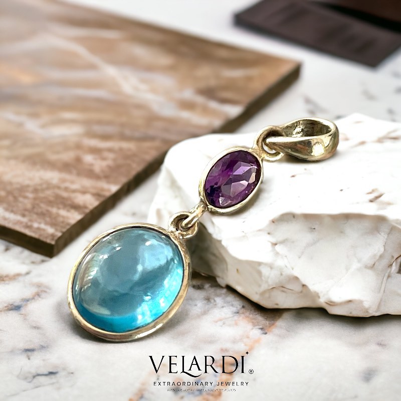 Colgante de Topacio Azul Suizo y Amatista de Africa Plata 925 - Joyas Velardi
