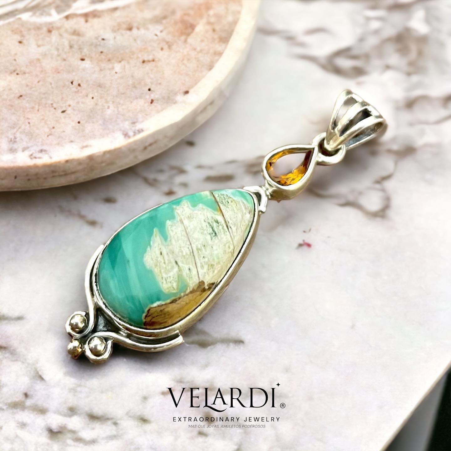 Colgante Variscita Australiana y Zafiro Padparadscha en Plata 925 - Joyas Velardi