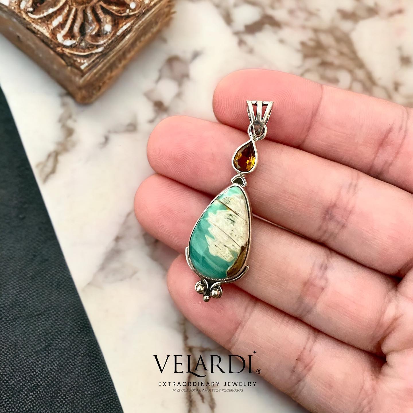 Colgante Variscita Australiana y Zafiro Padparadscha en Plata 925 - Joyas Velardi