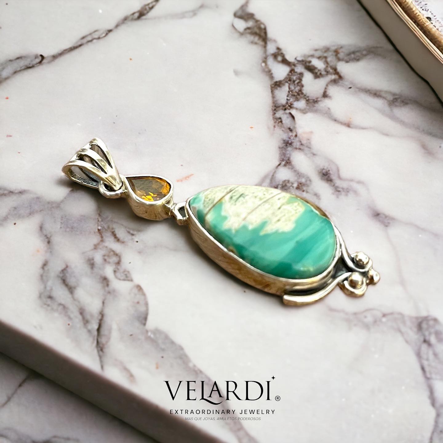 Colgante Variscita Australiana y Zafiro Padparadscha en Plata 925 - Joyas Velardi