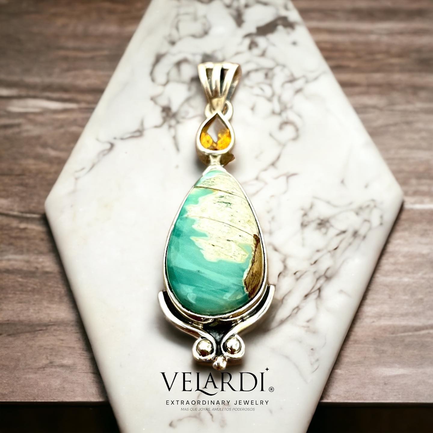 Colgante Variscita Australiana y Zafiro Padparadscha en Plata 925 - Joyas Velardi