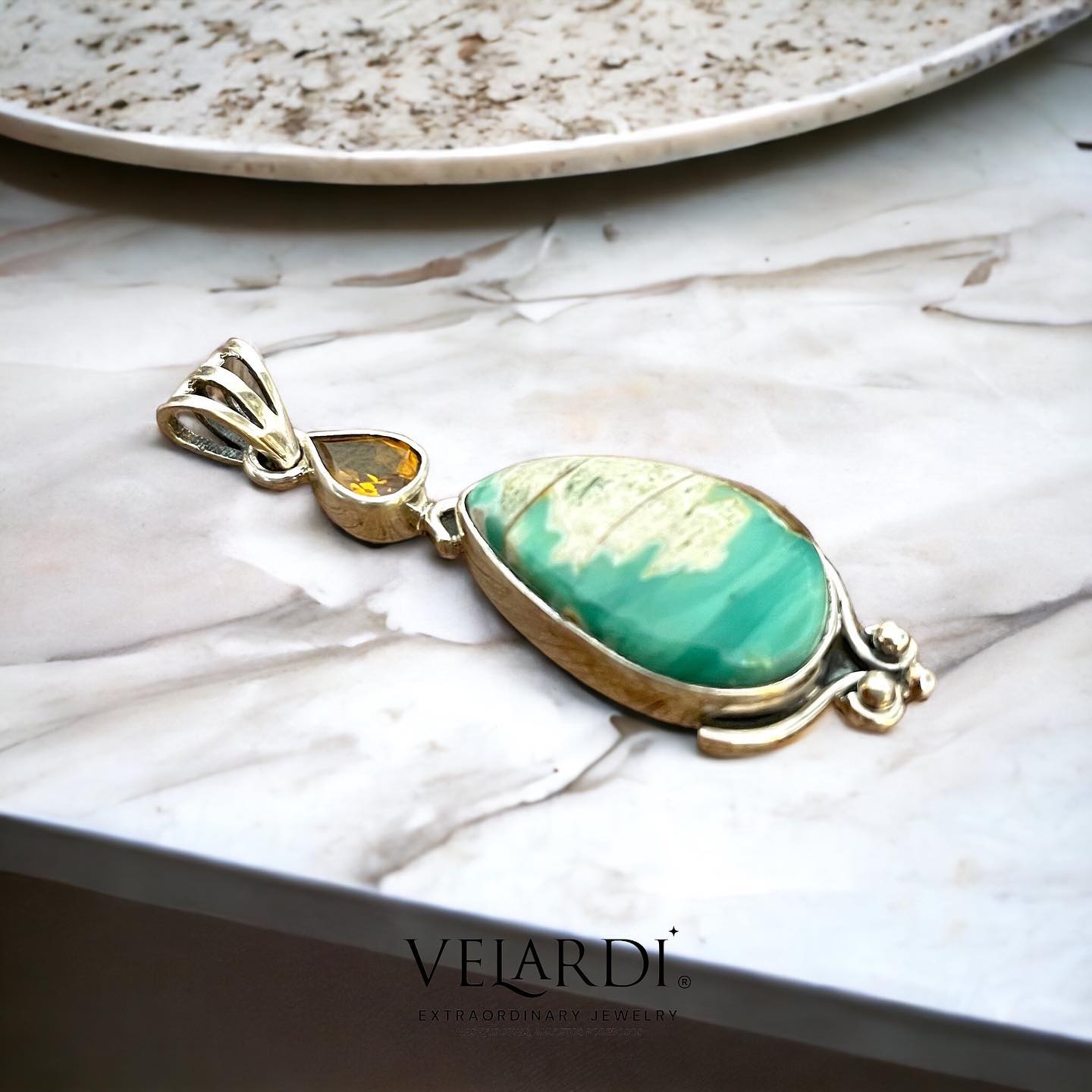 Colgante Variscita Australiana y Zafiro Padparadscha en Plata 925 - Joyas Velardi