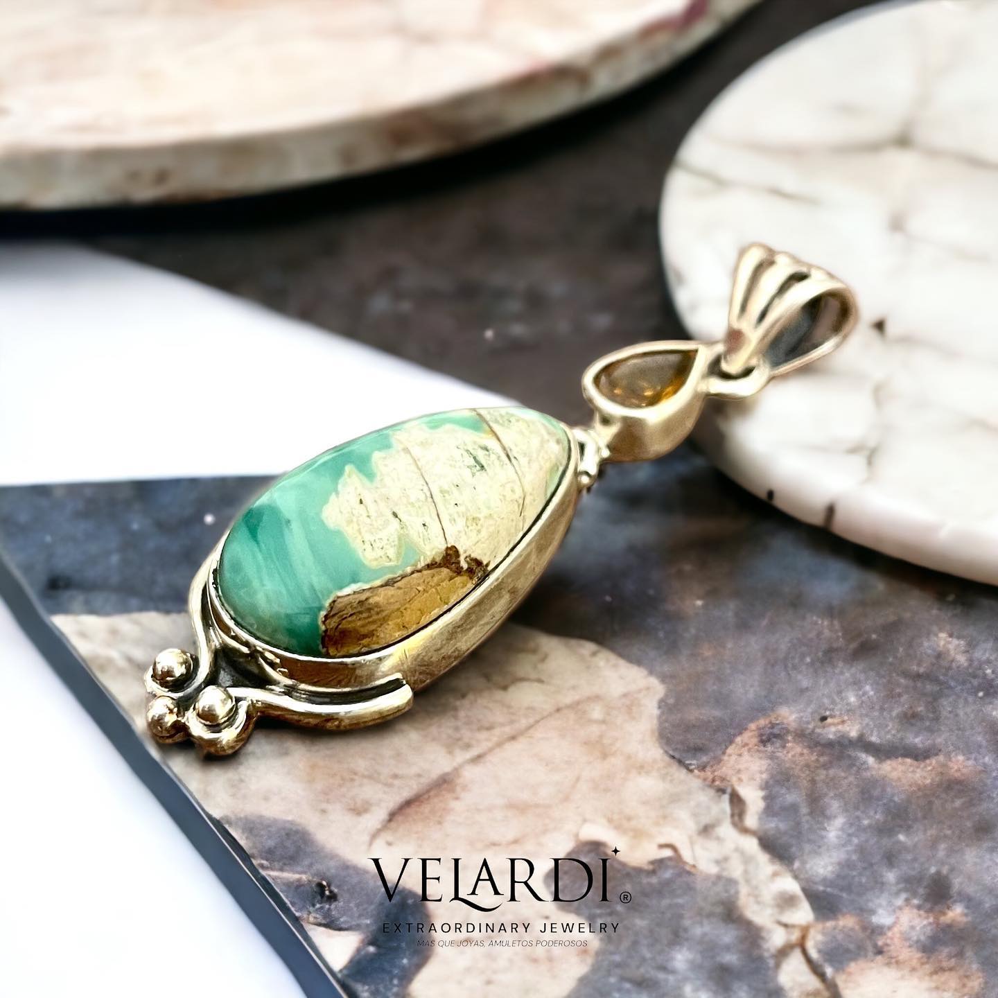 Colgante Variscita Australiana y Zafiro Padparadscha en Plata 925 - Joyas Velardi