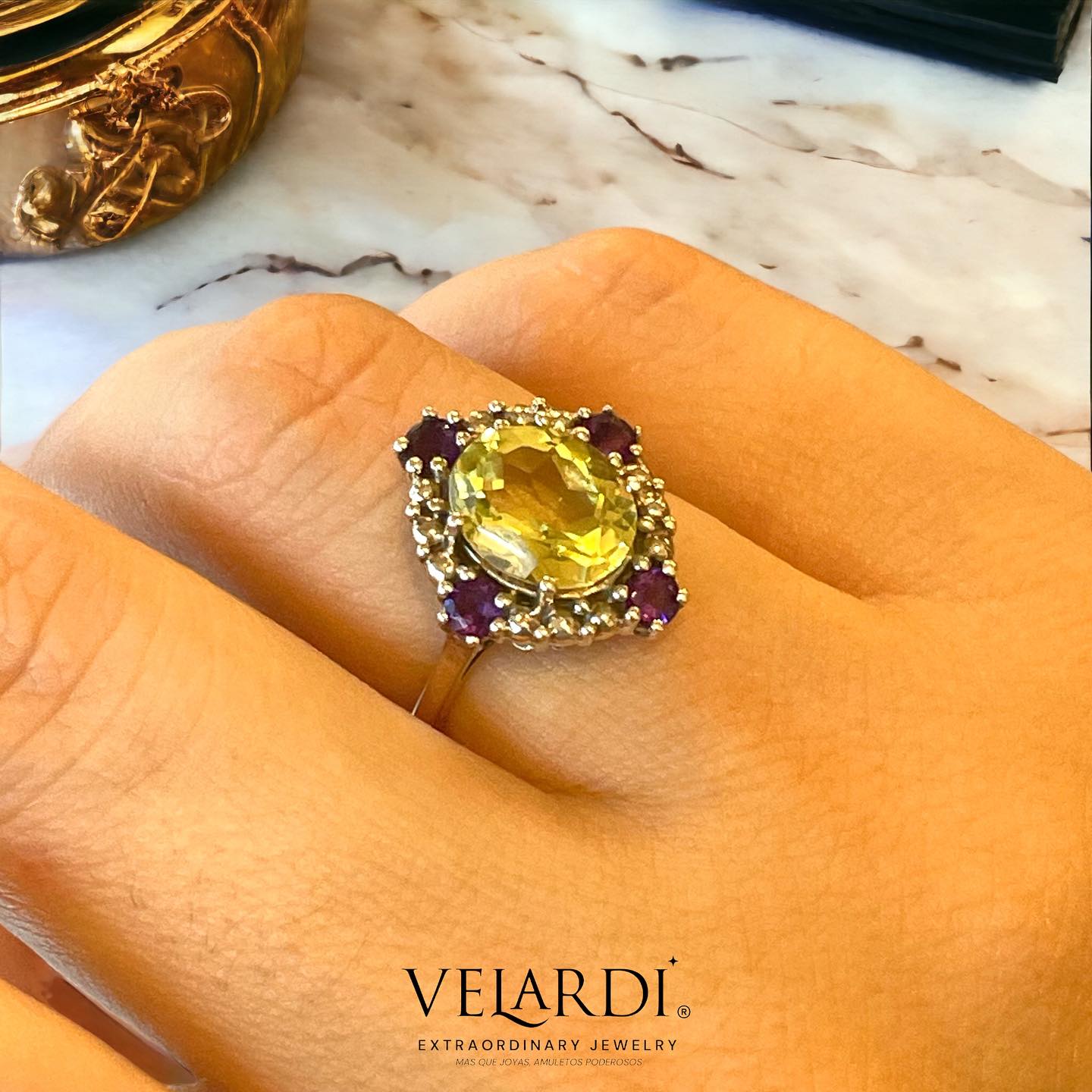 Aurora – Anillo de Cuarzo Limón y Amatistas de África en Plata 925 - Joyas Velardi