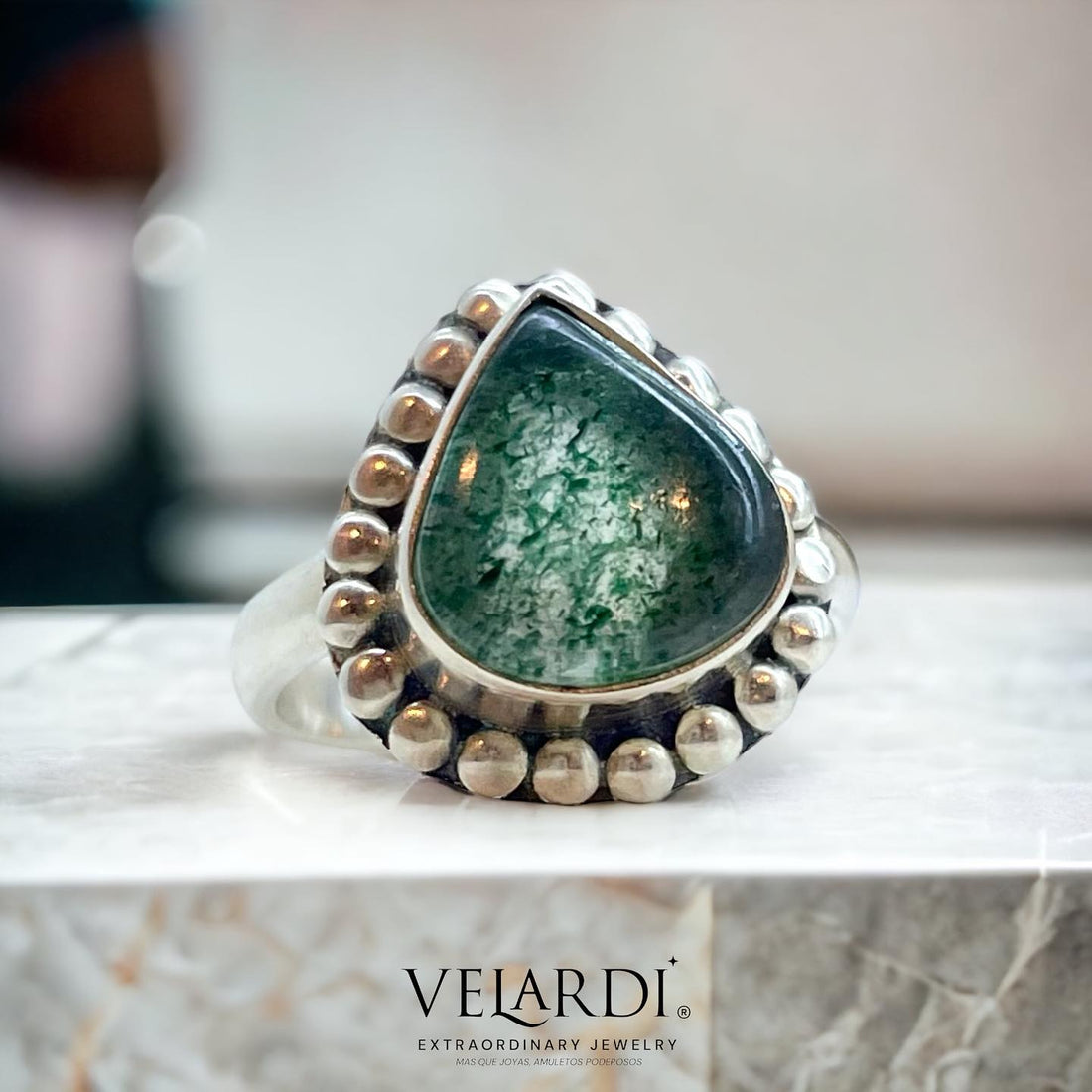 Dione – Anillo de Aventurina Verde de India en Plata 925 - Joyas Velardi