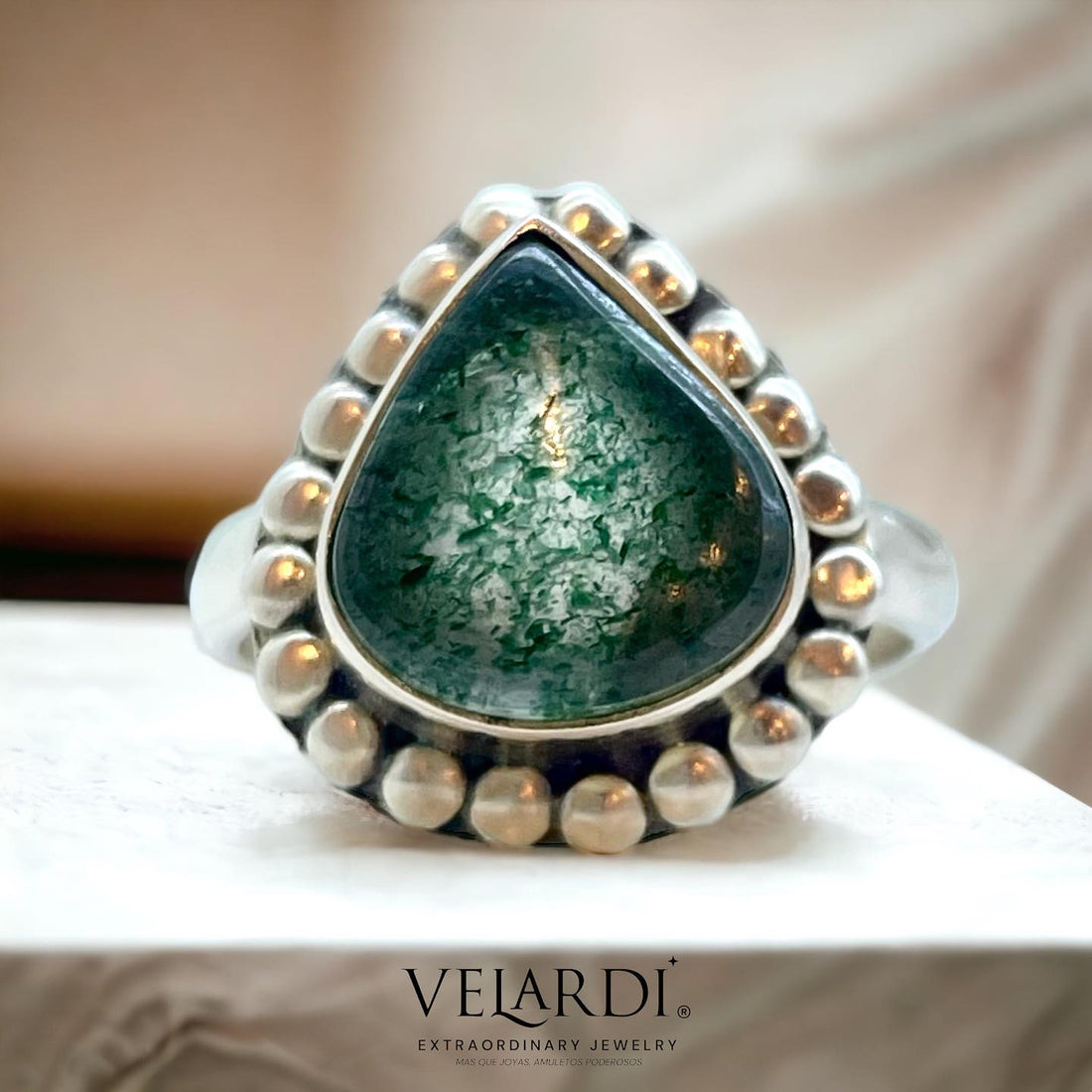 Dione – Anillo de Aventurina Verde de India en Plata 925 - Joyas Velardi