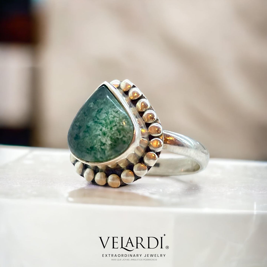 Dione – Anillo de Aventurina Verde de India en Plata 925 - Joyas Velardi