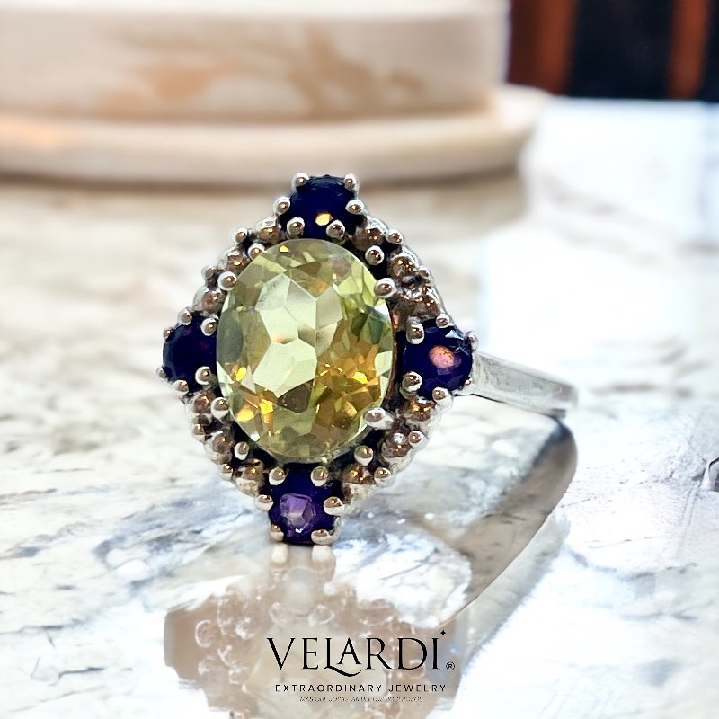 Aurora – Anillo de Cuarzo Limón y Amatistas de África en Plata 925 - Joyas Velardi