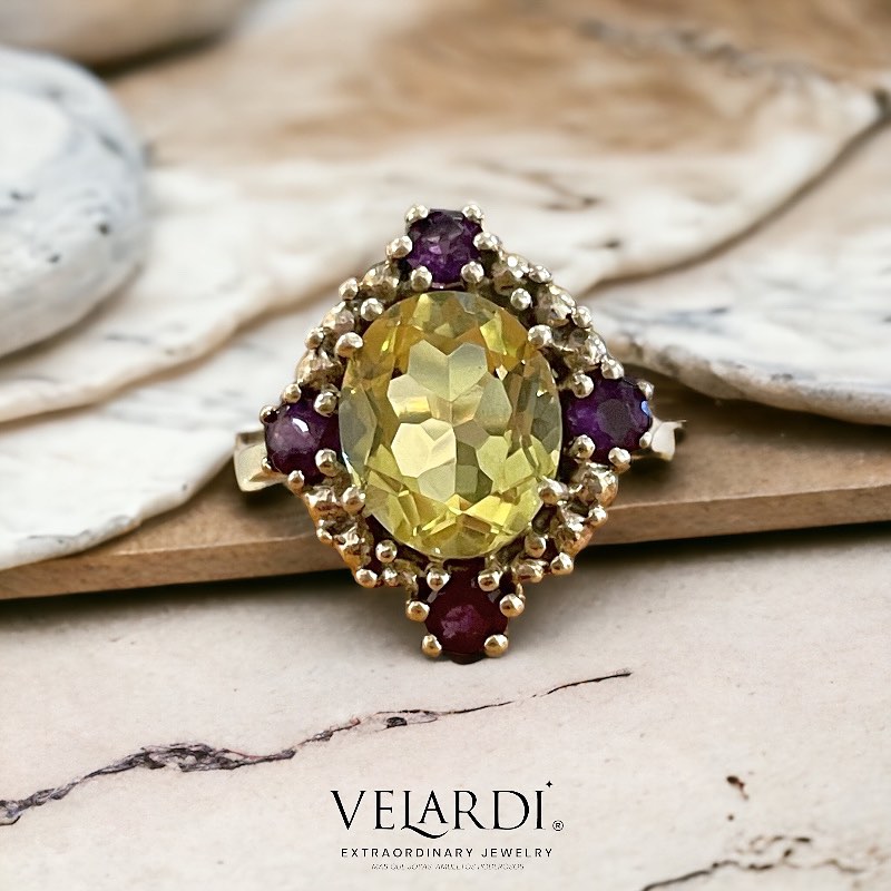 Aurora – Anillo de Cuarzo Limón y Amatistas de África en Plata 925 - Joyas Velardi