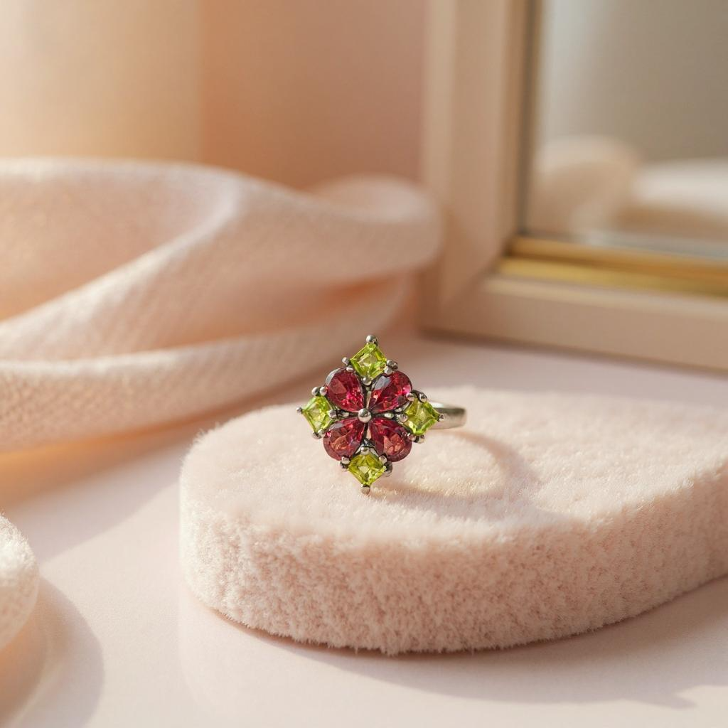 Anillo Octavia - Granate Hessonita y Peridotos Plata 925