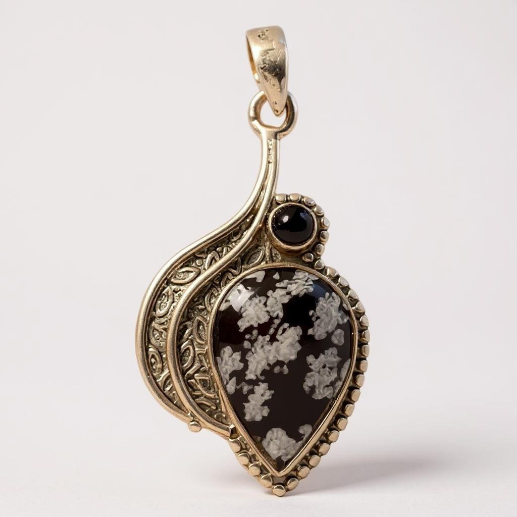 Colgante De Obsidiana Nevada Y Ónix Negro - Joyas Velardi