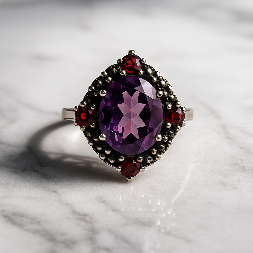 ANILLO AMATISTA GRANATES PLATA 