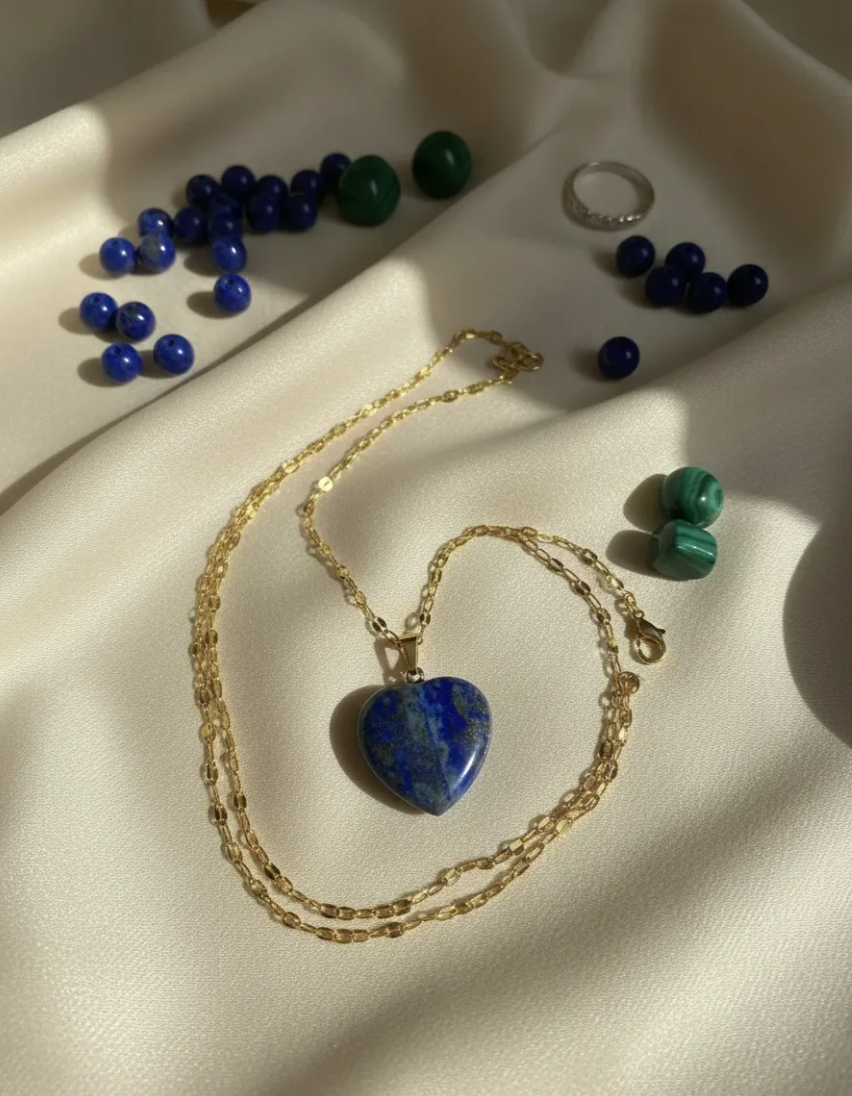 Collar corazon  lapislazuli enchapado en oro 18k