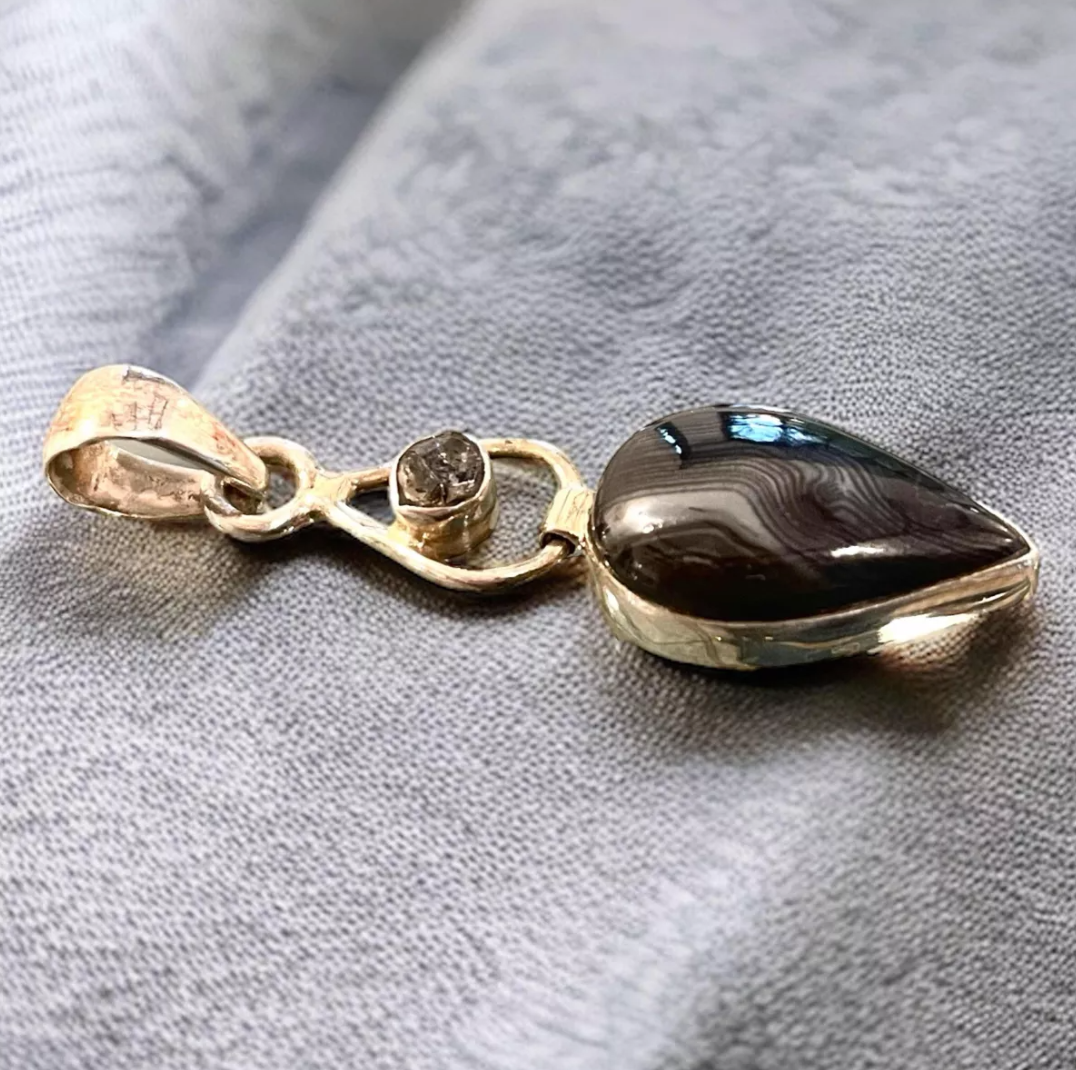 Colgante Malaquita Negra del Congo Y Diamante Hermimer en Plata 925