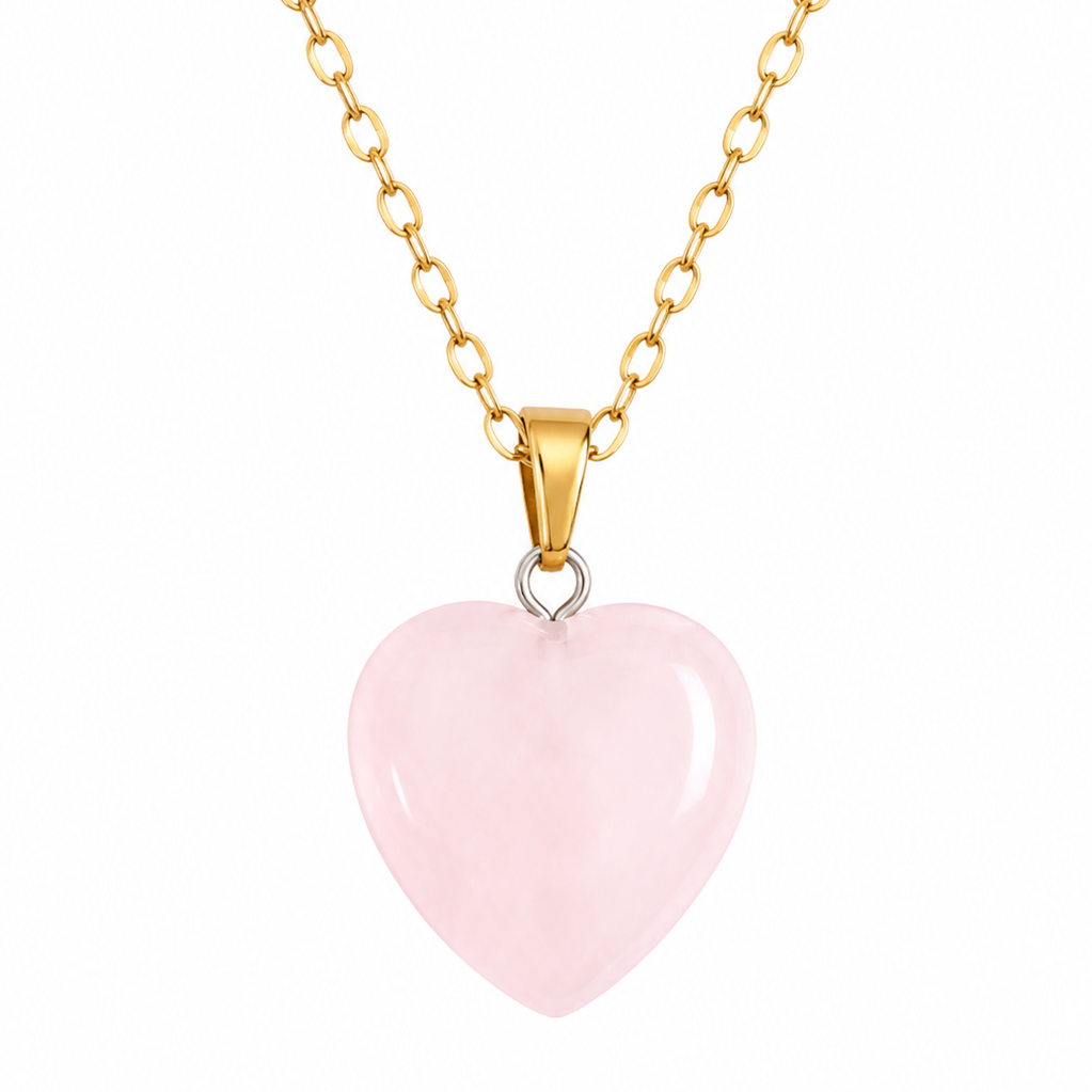 Collar corazon cuarzo rosa 15mm enchapado en oro 18k