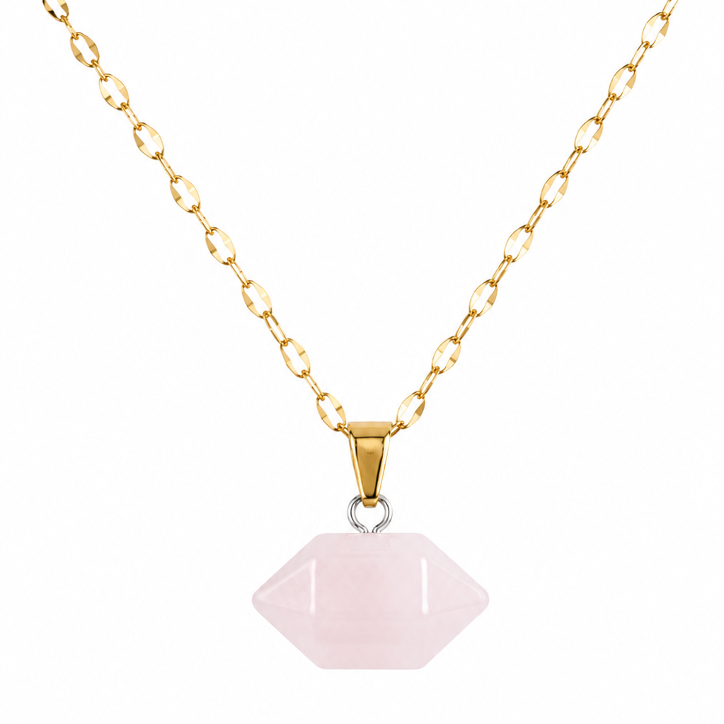 Collar doble punta cuarzo rosa Enchapado de oro 18K