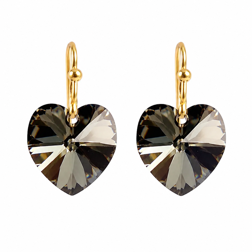 Aros corazon cristal negro enchapados en oro 18k