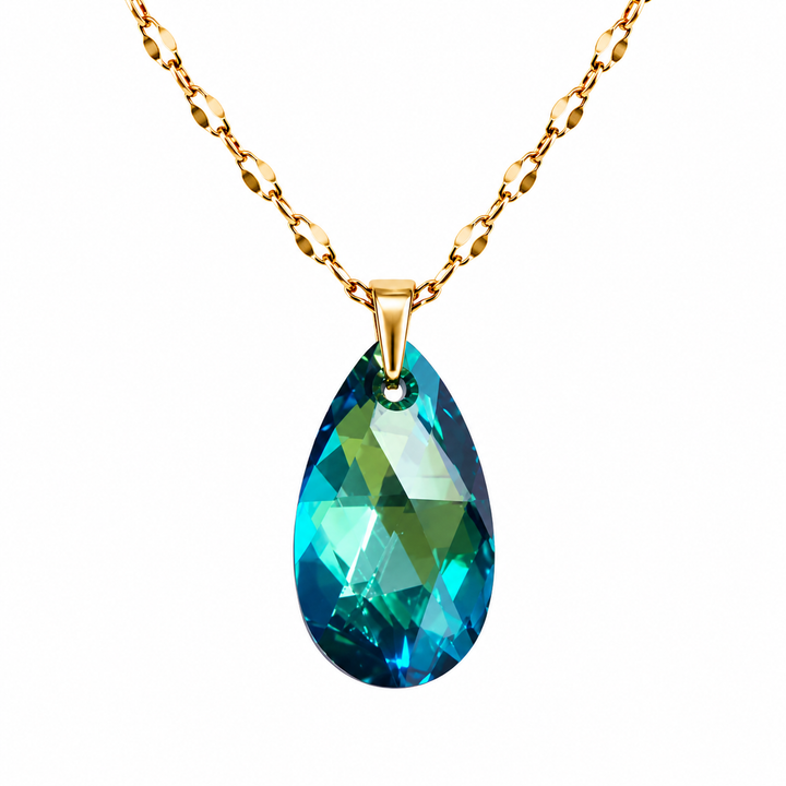 Collar cristal gota grande azul bermuda enchapada en oro 18k