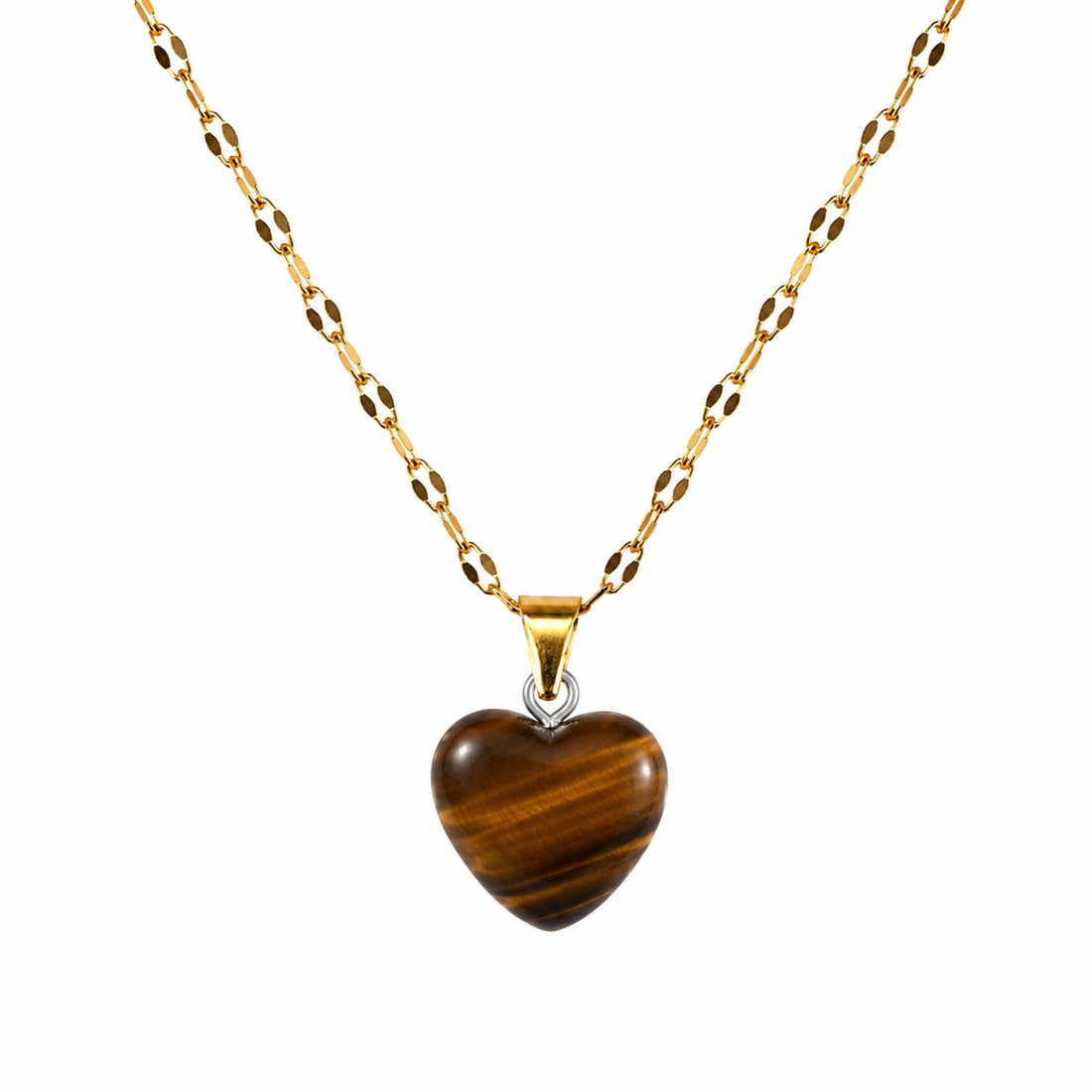Collar ojo de tigre corazon 15mm enchape oro 18k