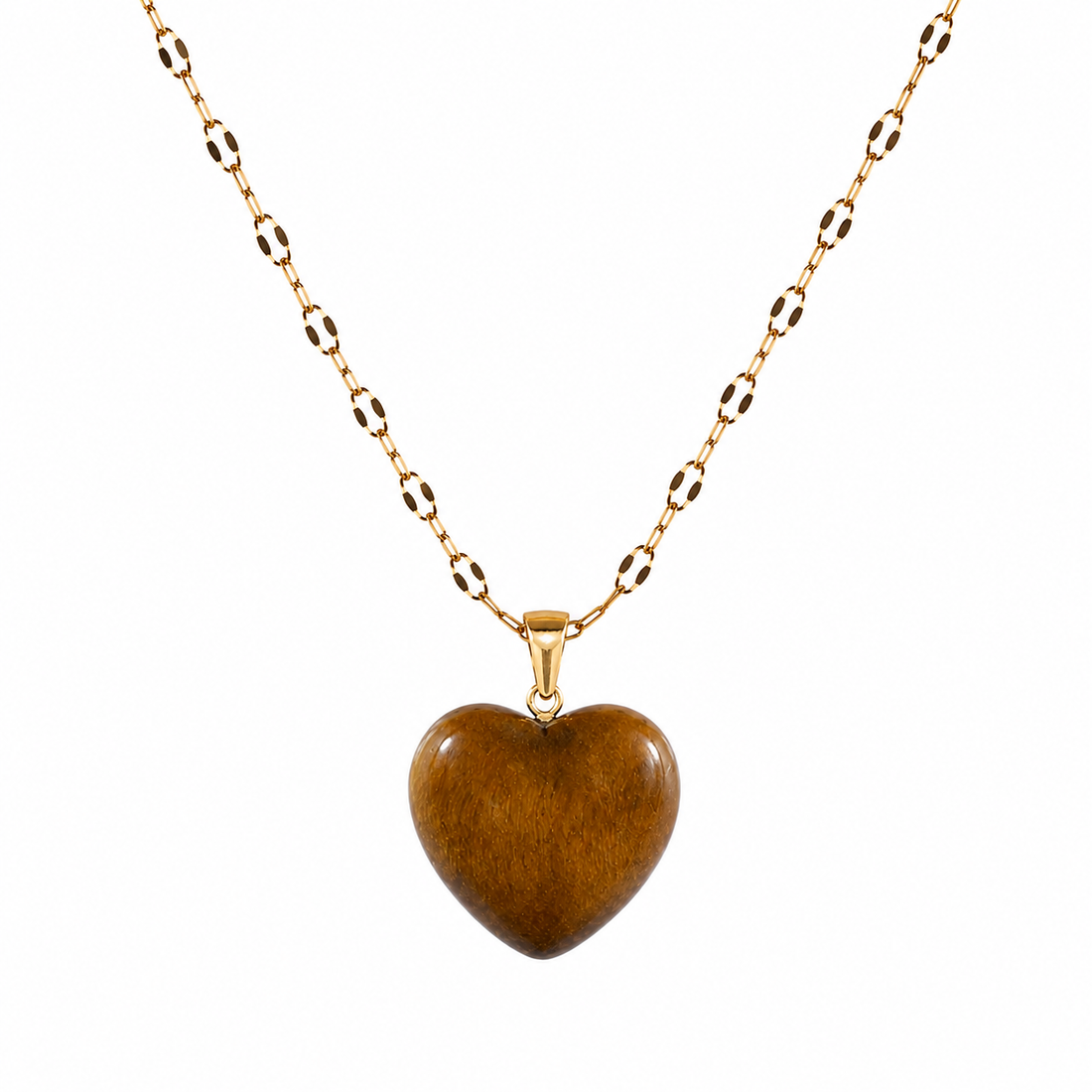 Collar ojo de tigre corazon 20mm enchape oro 18k