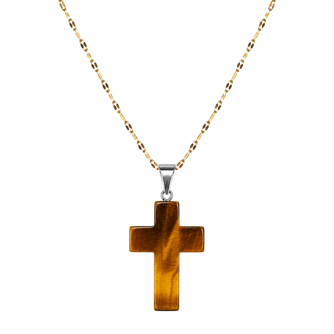 Collar cruz ojo de tigre protector enchapado en oro 18k