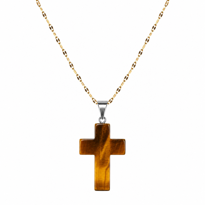 Collar cruz ojo de tigre protector enchapado en oro 18k